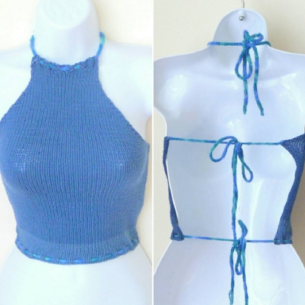 Backless Halter Top Cotton Hand Knit Sz Medium